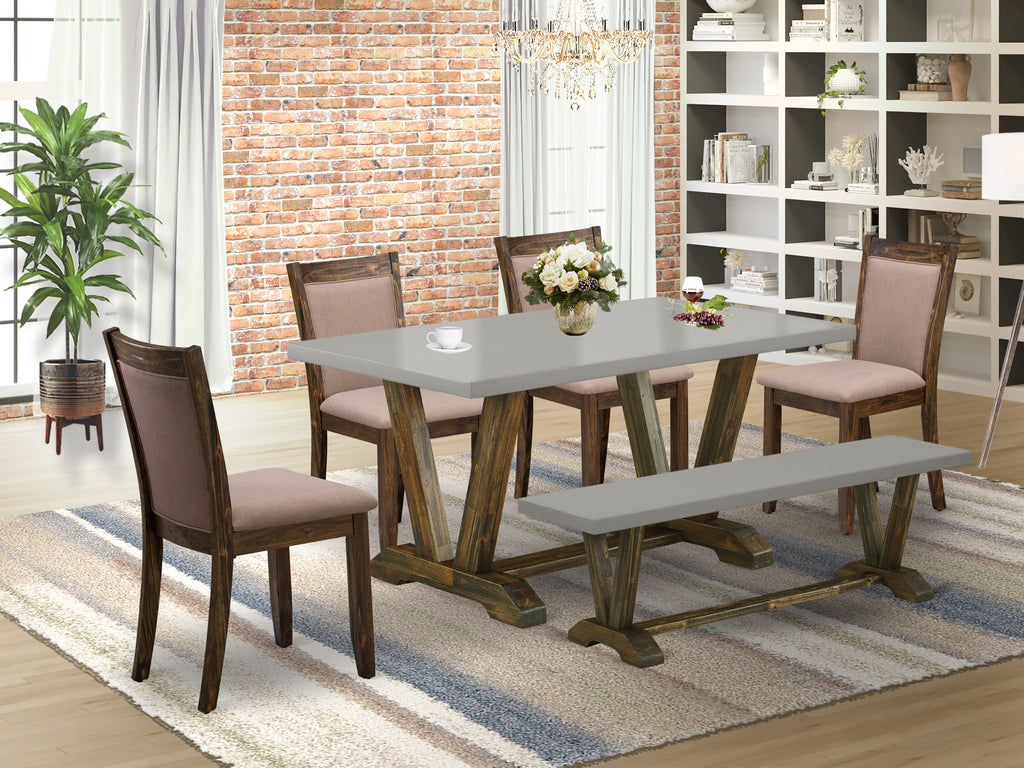 6-Piece V796M0MZ2-9 Dining Set Table with V-Legs, 4 Linen Chairs & Bench, Multi-Color 36x60