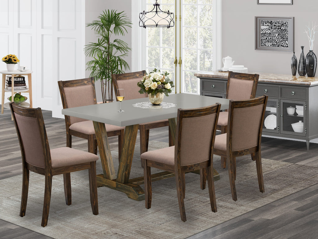 V796ME5B5-B 7-Piece Dining Ensemble Rectangular Table with V-Legs & 6 Cozy Coffee Linen Chairs, Multi-Toned, 36x60 in.