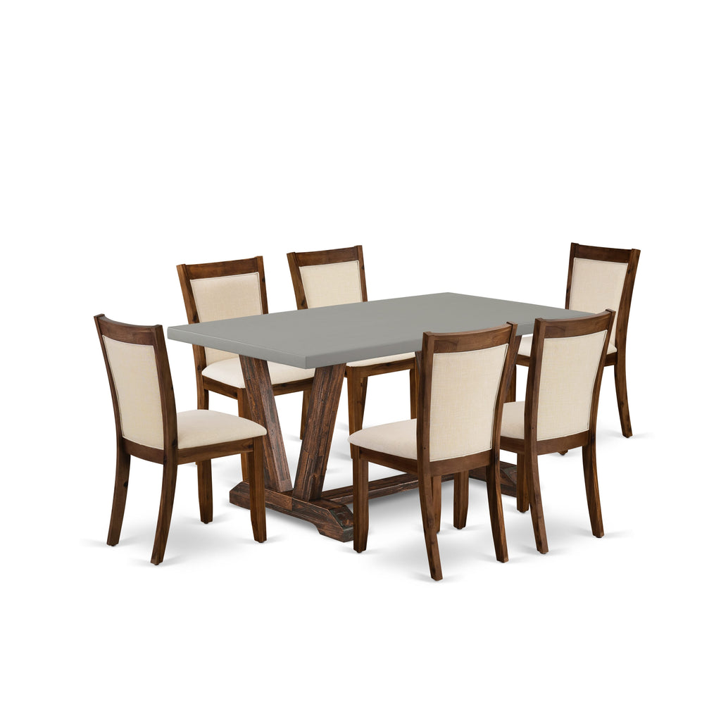 V796MY4KG-W - 7 Pc Dining Ensemble Rectangular Table with V-Legs and 6 Linen Chairs, 36x60
