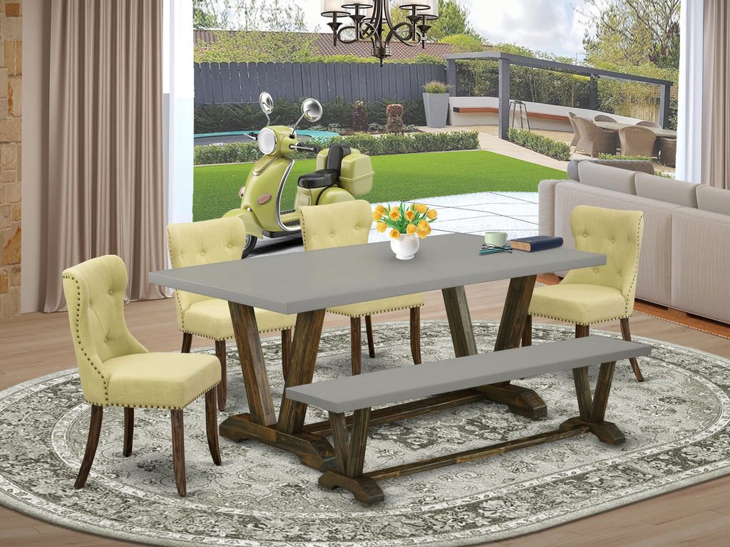 Transform Your Dining Space with V796SSLKS-L 6-Piece Set Featuring V-Leg Table, Bench, 4 Linen Chairs - 36x60-Inch, Multi-Color