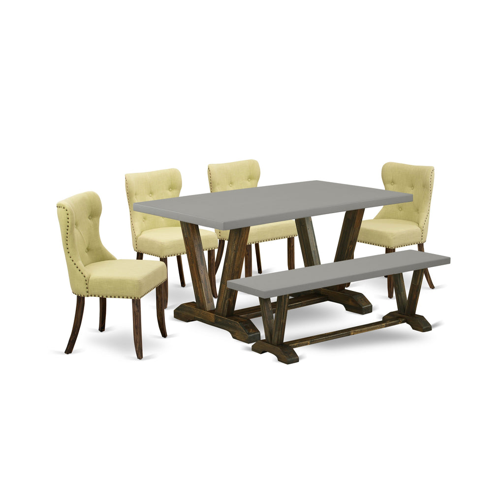 Transform Your Dining Space with V796SSLKS-L 6-Piece Set Featuring V-Leg Table, Bench, 4 Linen Chairs - 36x60-Inch, Multi-Color
