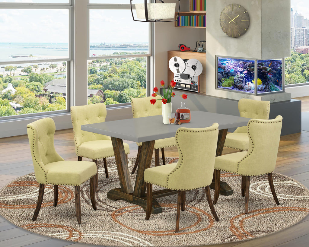 V796SOPNO-V 7-Piece Dining Set with V-Legged Table & 6 Creative Limelight Linen Fabric Chairs, 36x60 Multi-Color