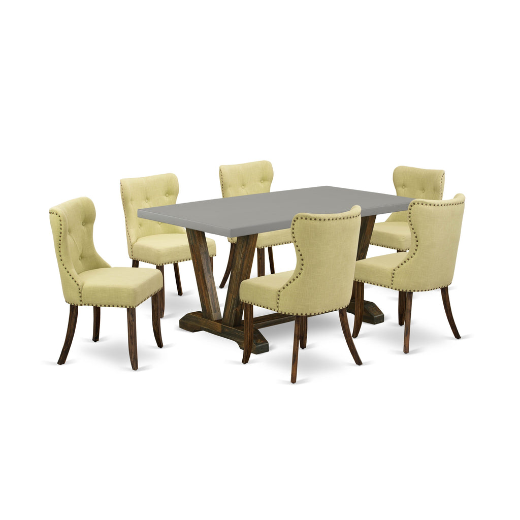 V796SOPNO-V 7-Piece Dining Set with V-Legged Table & 6 Creative Limelight Linen Fabric Chairs, 36x60 Multi-Color