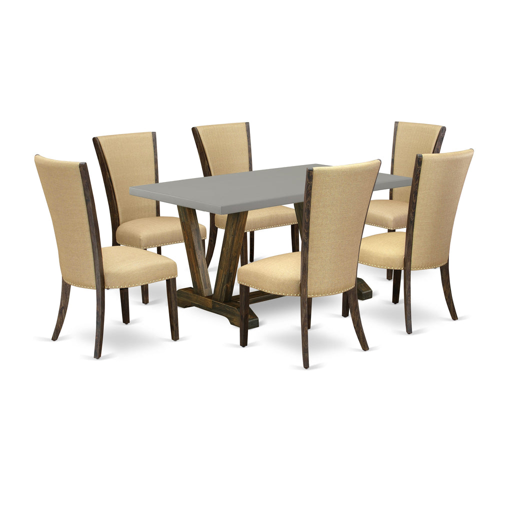 V796V1S3P-R 7-Piece Rectangular Dining Ensemble with V-Legs and Six Brown Fabric Chairs, 36x60