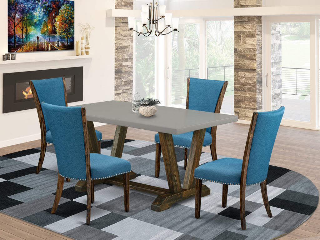 V796VBVZ3-S 5-Piece Dining Set Rectangular Table with Unique V-Leg Design & Set of 4 Blue Upholstered Parson Chairs