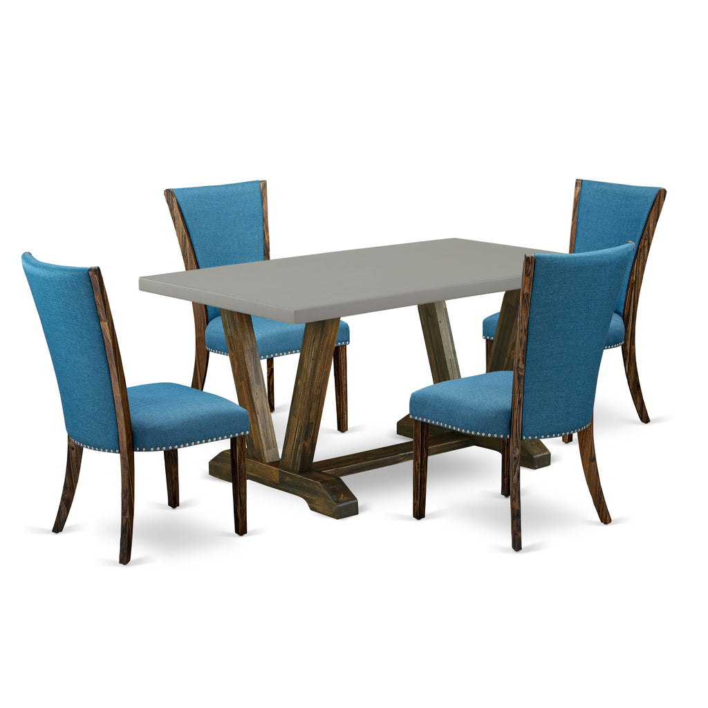 V796VBVZ3-S 5-Piece Dining Set Rectangular Table with Unique V-Leg Design & Set of 4 Blue Upholstered Parson Chairs