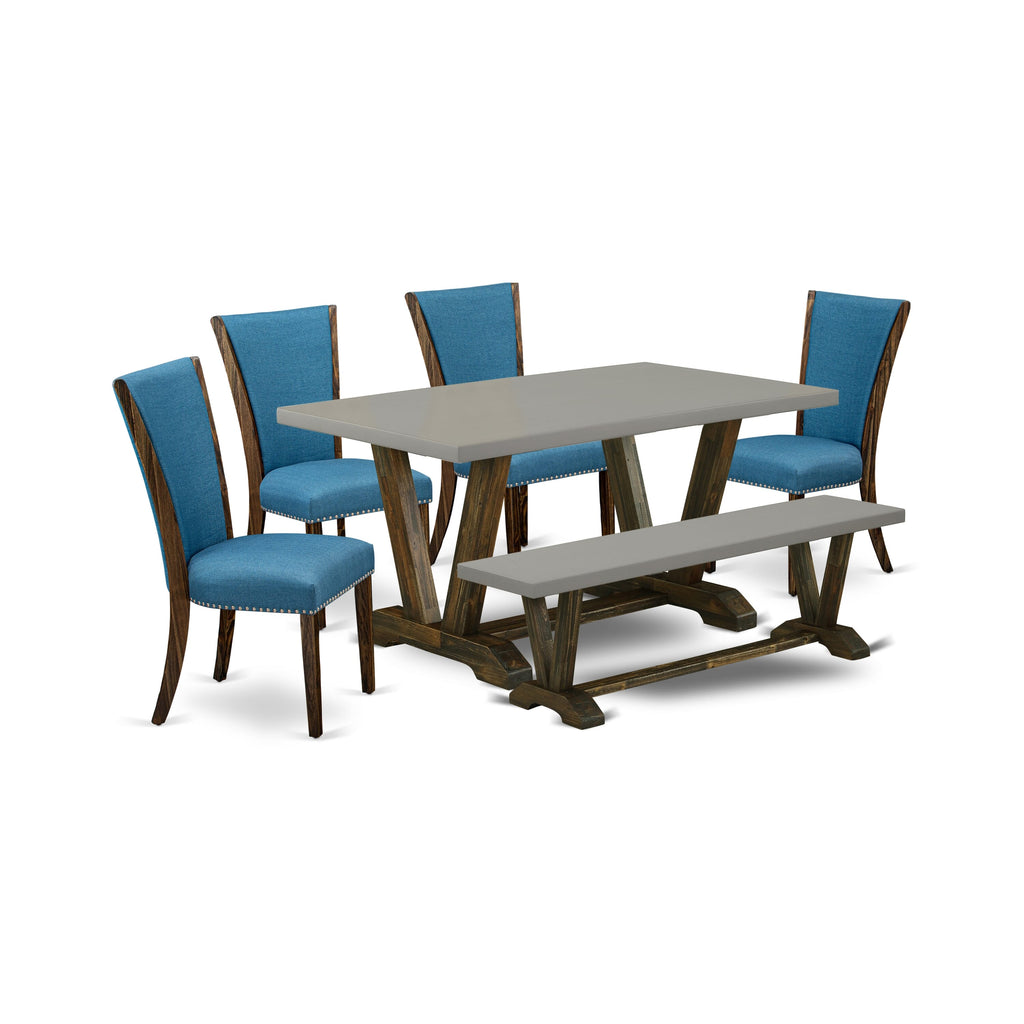 V796VTMZY-I 6 Pc Dining Set Rectangular Wood Table, 4 Blue Linen Fabric Chairs & Bench, 36x60 Inch Elegant Design