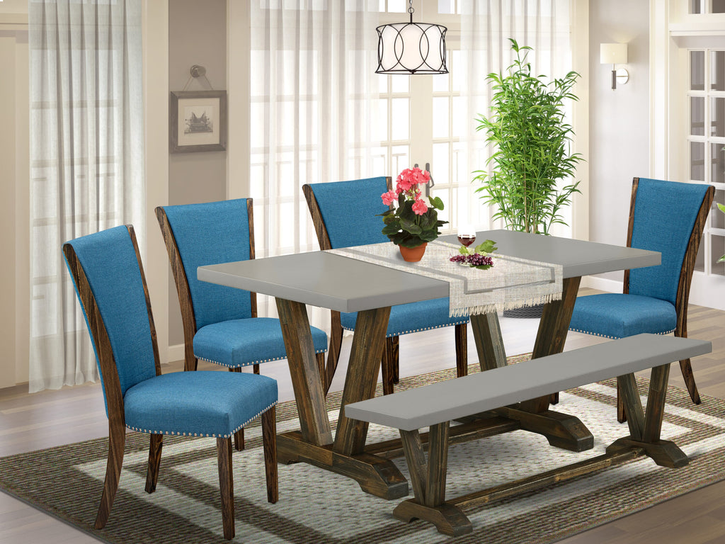 V796VTMZY-I 6 Pc Dining Set Rectangular Wood Table, 4 Blue Linen Fabric Chairs & Bench, 36x60 Inch Elegant Design