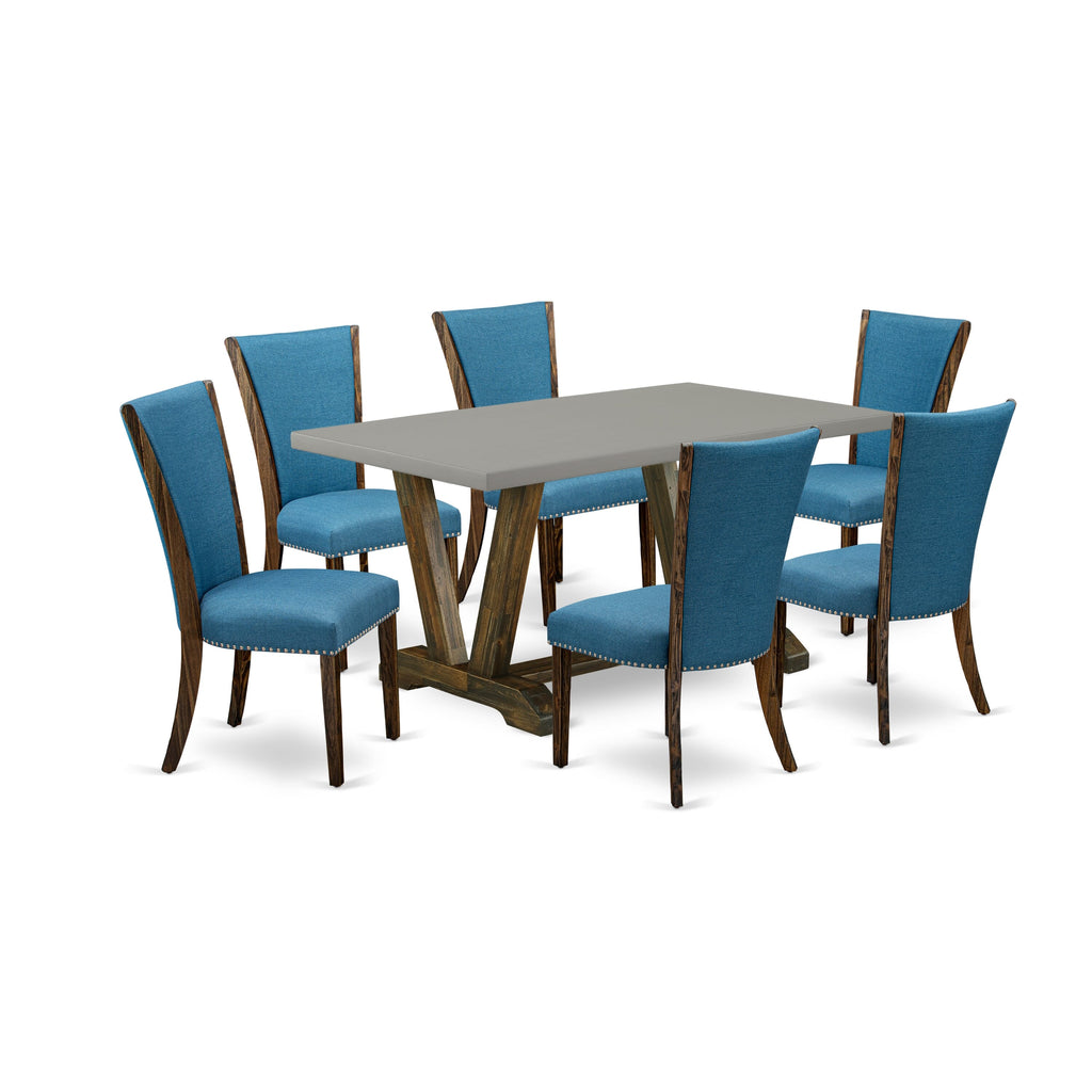 V796VRGAD-O 7-Piece Contemporary Dining Set Rectangular V-Leg Table with Six Blue Linen Chairs, Multi-Color