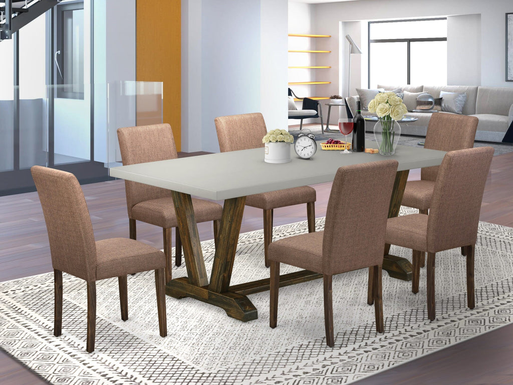 V797AN6Z9-I Elegant 7-Piece Dining Ensemble Rectangular Table with V-Legs and 6 Textured Parson Chairs, 40x72