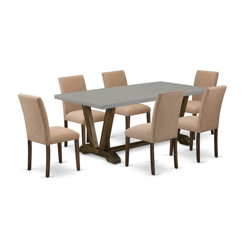 V797AN6Z9-I Elegant 7-Piece Dining Ensemble Rectangular Table with V-Legs and 6 Textured Parson Chairs, 40x72