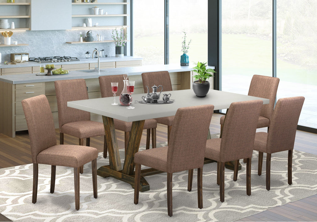 V797AAGTH-Q 9-Piece Rectangle Dining Ensemble with V-Legs and Plush Linen Chairs, Multi, 40x72in