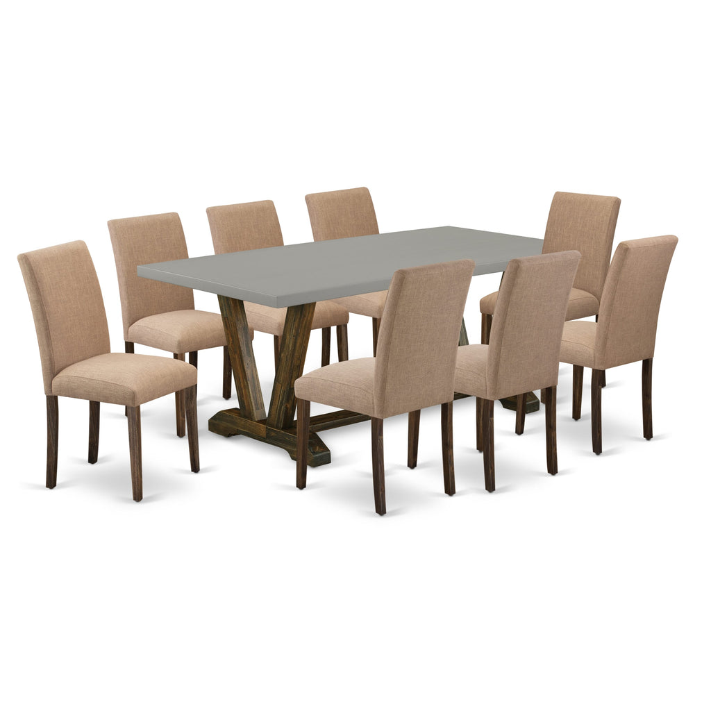 V797AAGTH-Q 9-Piece Rectangle Dining Ensemble with V-Legs and Plush Linen Chairs, Multi, 40x72in