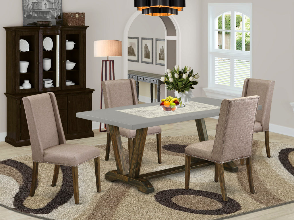 V797FFM2M-R Modern 5-Piece Dining Ensemble with V-Legged Wooden Table and Khaki Fabric Chairs