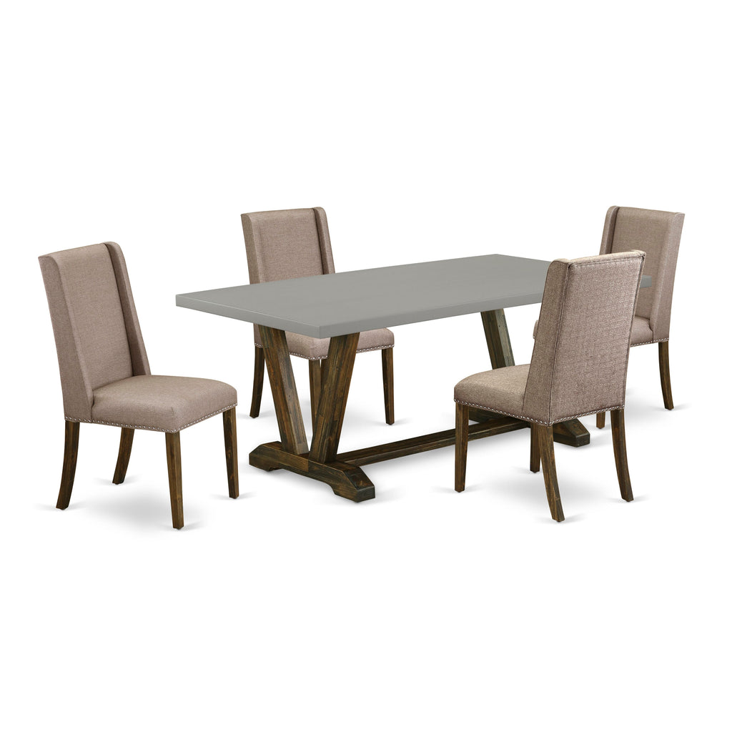 V797FFM2M-R Modern 5-Piece Dining Ensemble with V-Legged Wooden Table and Khaki Fabric Chairs