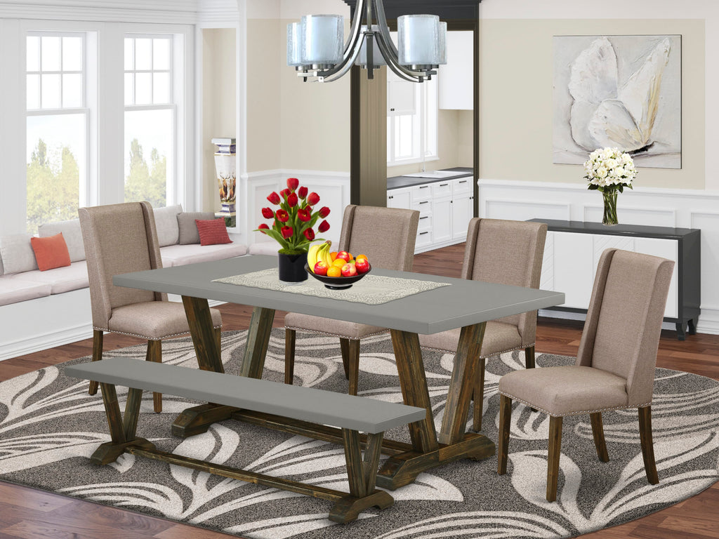 V797FMQM1-G 6-Piece Dining Ensemble Rectangular Table with V-Legs, 4 Parson Chairs & Bench in Dark Khaki Linen, Multi-Color