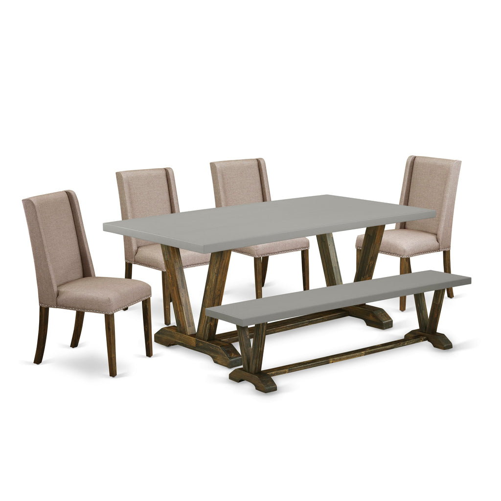 V797FMQM1-G 6-Piece Dining Ensemble Rectangular Table with V-Legs, 4 Parson Chairs & Bench in Dark Khaki Linen, Multi-Color