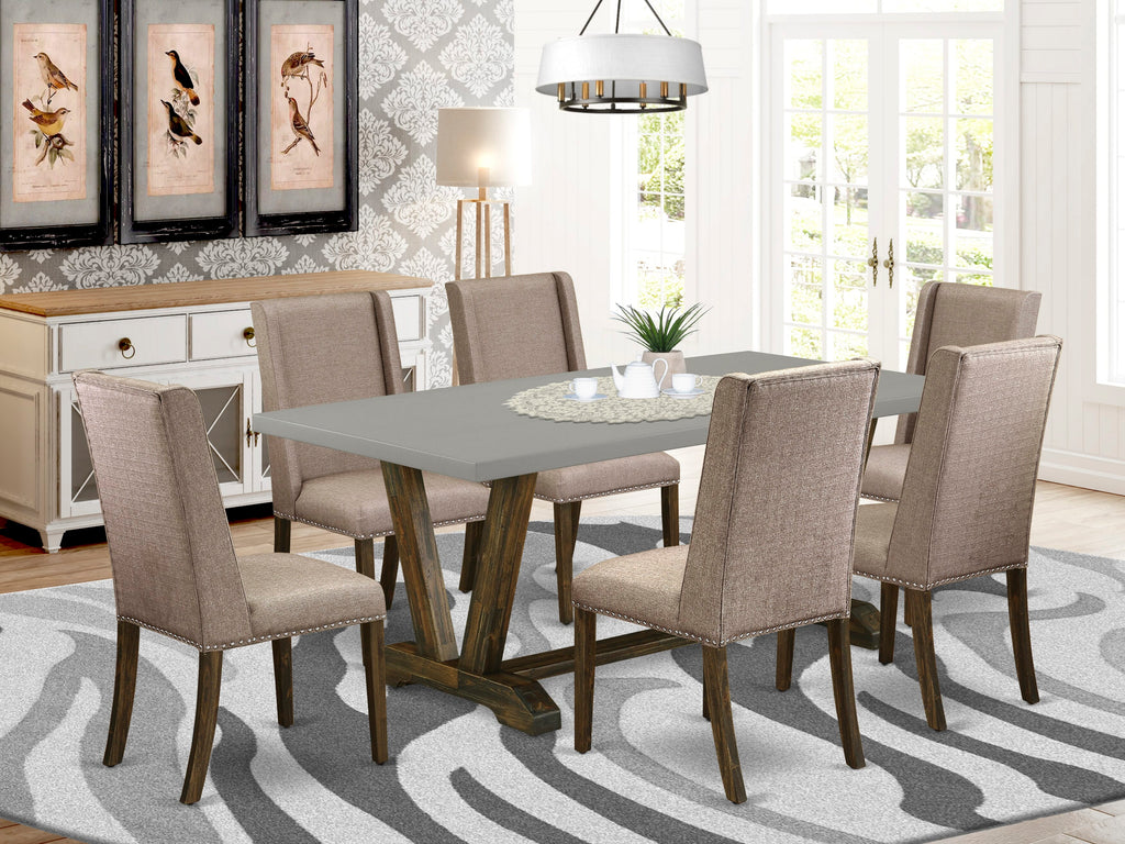 V797F4BBK-V Exclusive Dining Set with Architectural V-Lean Table & Sophisticated Chairs in Khaki 7-Pc Set