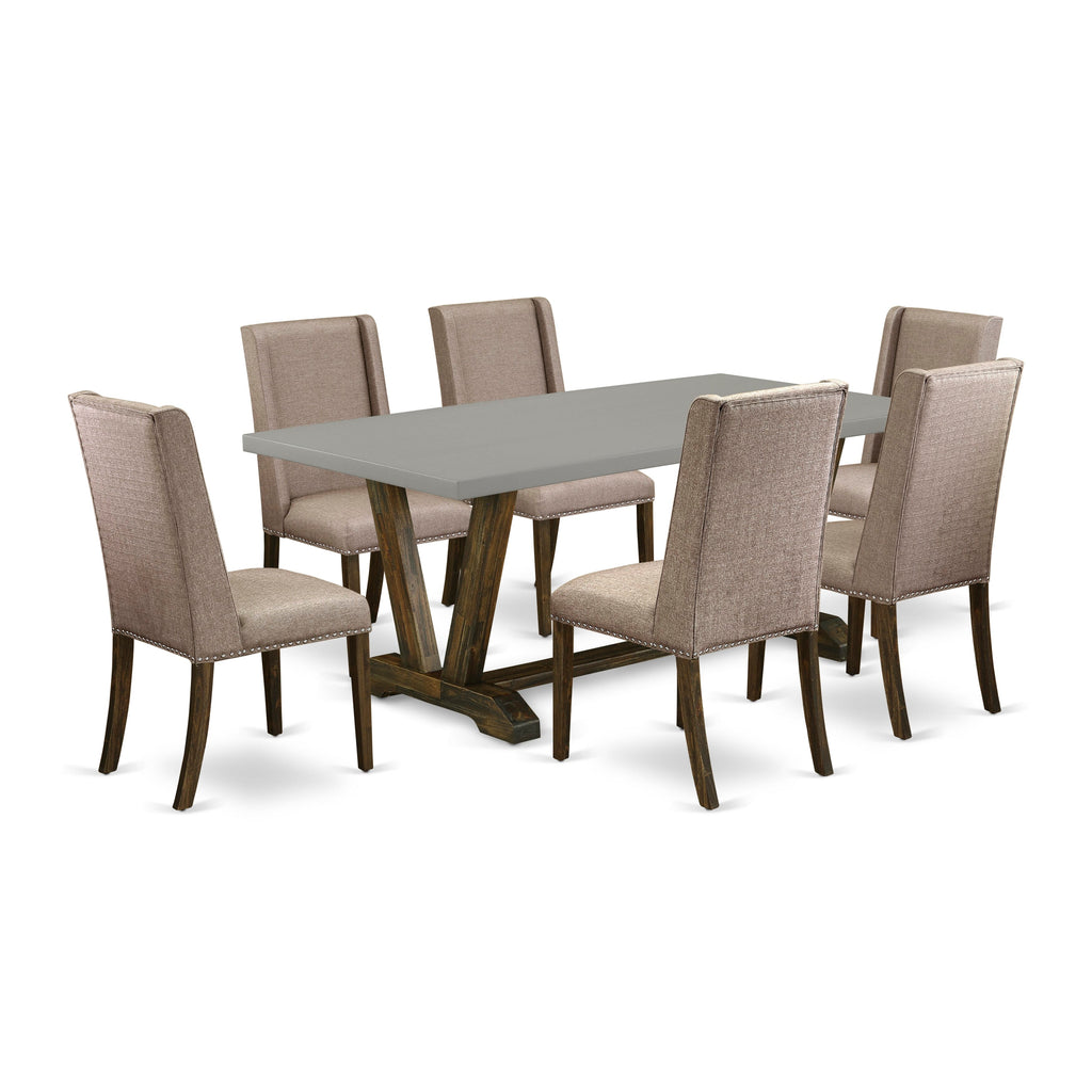 V797F4BBK-V Exclusive Dining Set with Architectural V-Lean Table & Sophisticated Chairs in Khaki 7-Pc Set
