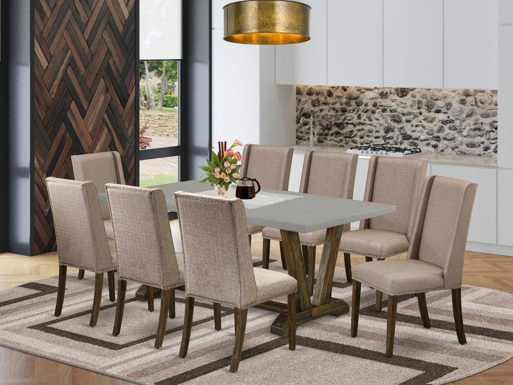 V797FFHIU-P Dining Ensemble 9 Piece Set with Rectangle Table and V-Leg Chairs with Khaki Linen Fabric