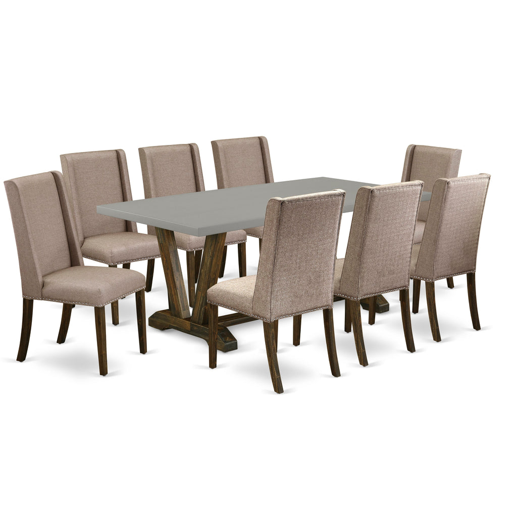 V797FFHIU-P Dining Ensemble 9 Piece Set with Rectangle Table and V-Leg Chairs with Khaki Linen Fabric