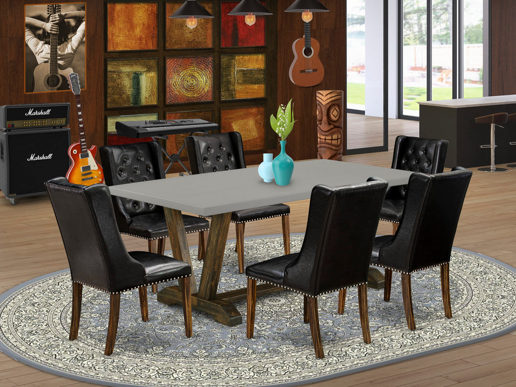 V797FL5IG-7 Elegant 7-Piece Dining Set with V-Leg Rectangle Table and 6 Stylish Black Leatherette Chairs, 40x72 Multi, Refined Comfort