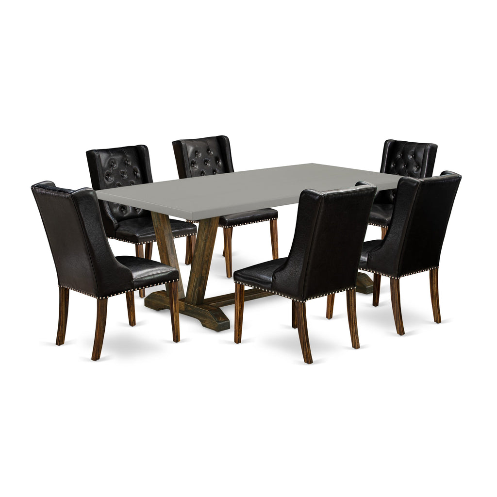 V797FL5IG-7 Elegant 7-Piece Dining Set with V-Leg Rectangle Table and 6 Stylish Black Leatherette Chairs, 40x72 Multi, Refined Comfort