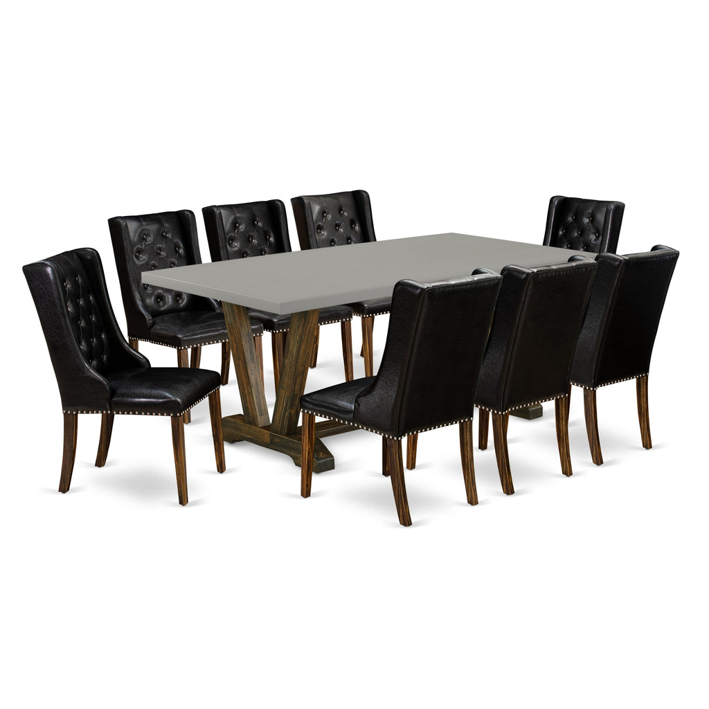 V797FW08S-H 9-Piece Dining Ensemble Rectangular Table with Stylish V-Legs and 8 Faux Leather Chairs, 40x72 Multicolor