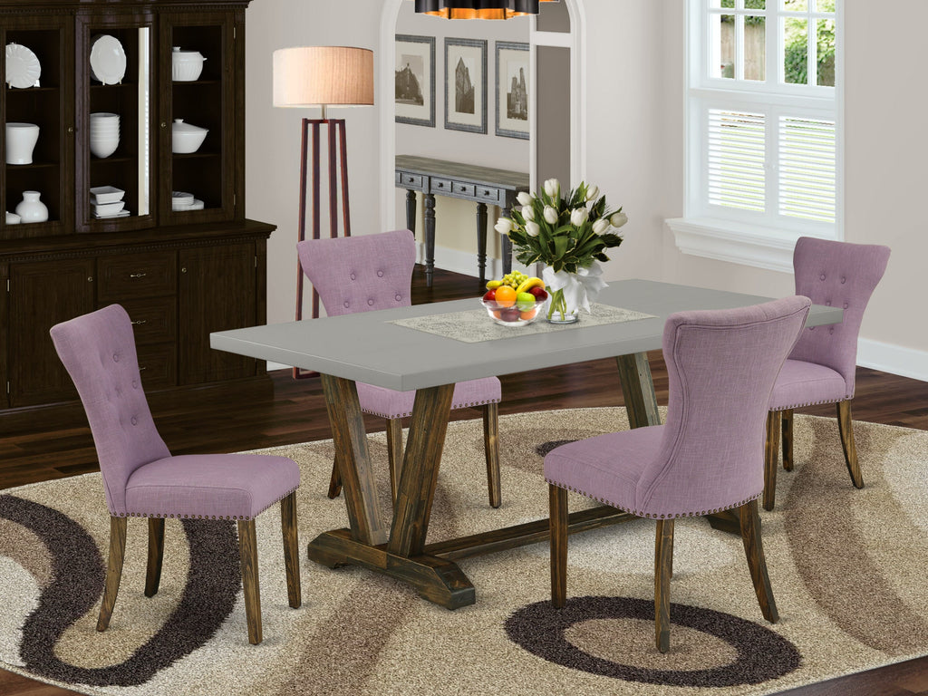V797GU8FU-S Elegant V-Leg Dining Set with Rectangle Table and Dahlia Upholstered Chairs, Multi-Color, Seats 4