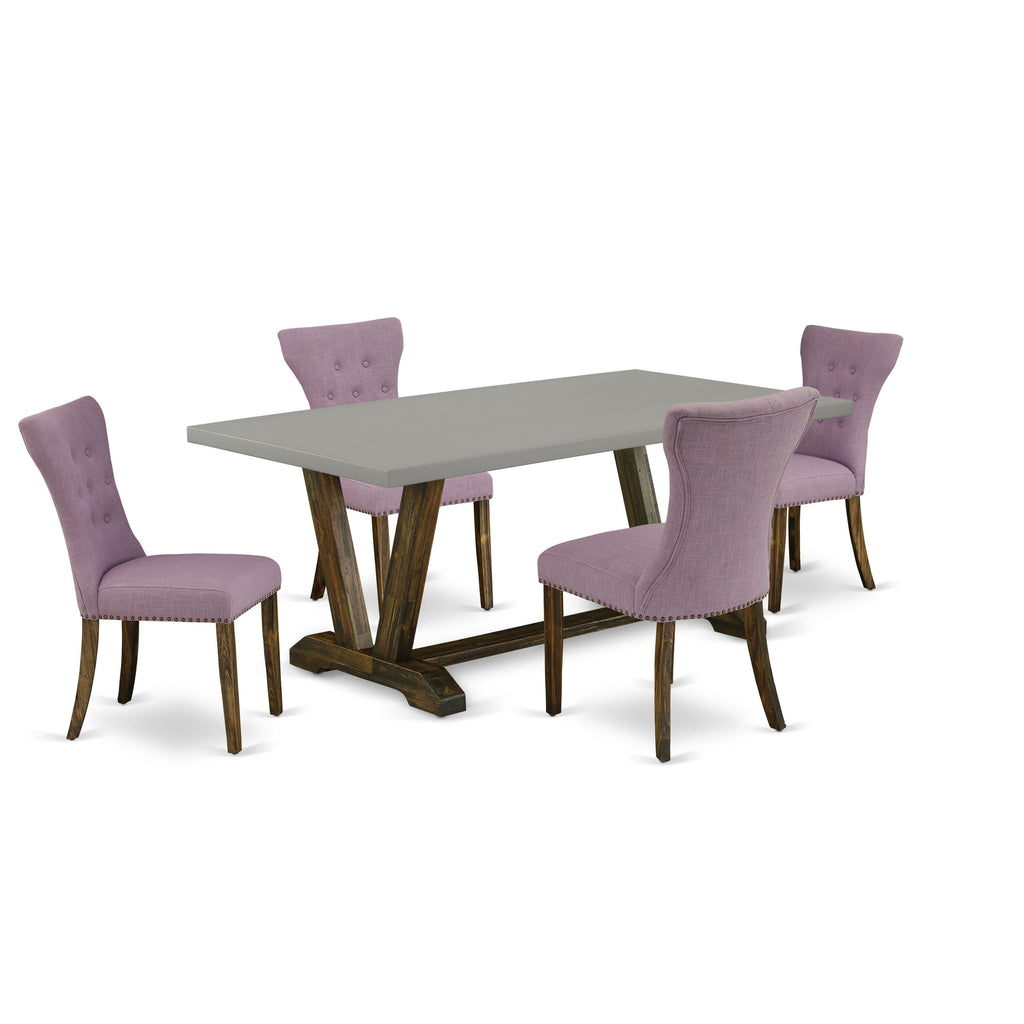 V797GU8FU-S Elegant V-Leg Dining Set with Rectangle Table and Dahlia Upholstered Chairs, Multi-Color, Seats 4