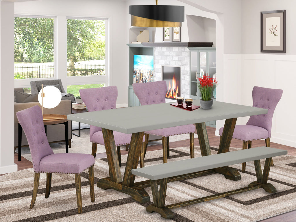 V797GVGJX-5 6-Piece Dining Ensemble with Rectangular Table, V-Legs, 4 Upholstered Chairs, & Bench