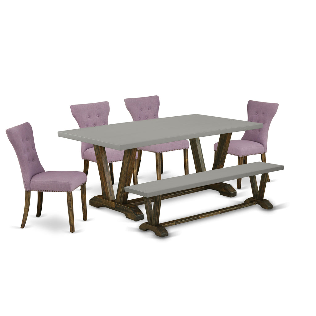 V797GVGJX-5 6-Piece Dining Ensemble with Rectangular Table, V-Legs, 4 Upholstered Chairs, & Bench