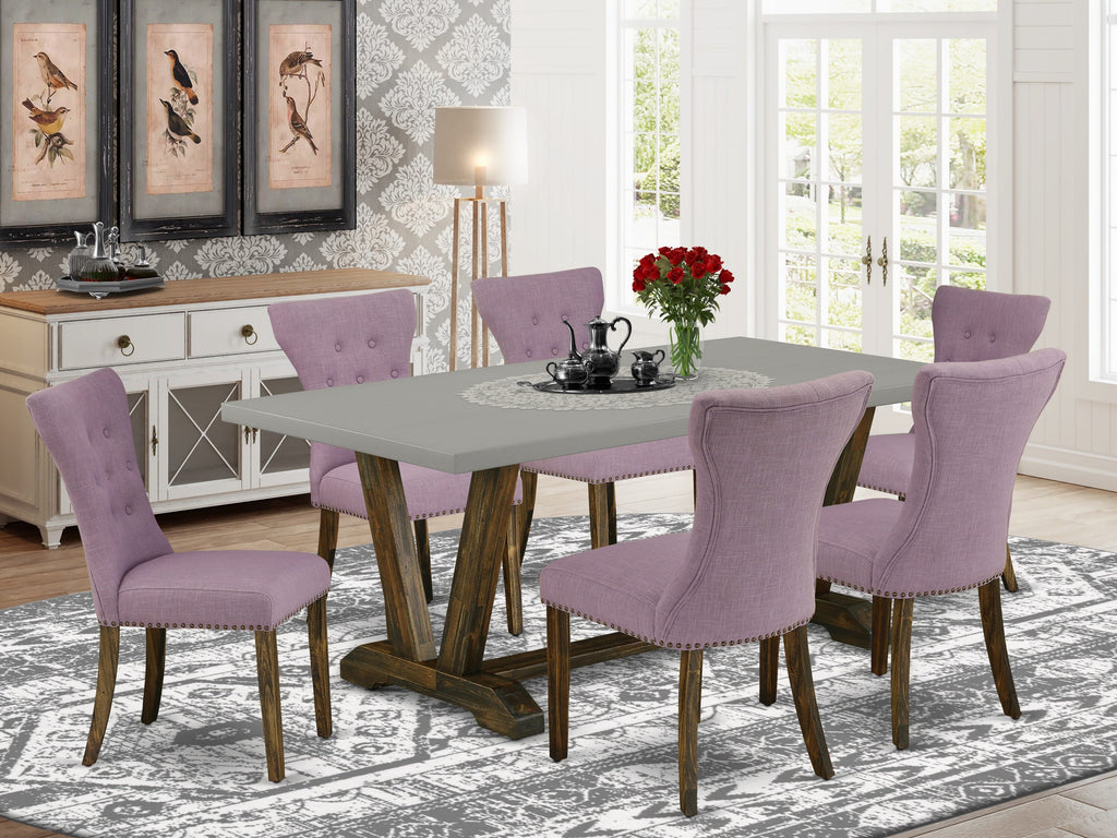 V797GMGVM-T 7-Piece Dining Ensemble with V-Leg Rectangle Table and Six Dahlia Upholstered Chairs in Multi-Color, 40x72 Inch
