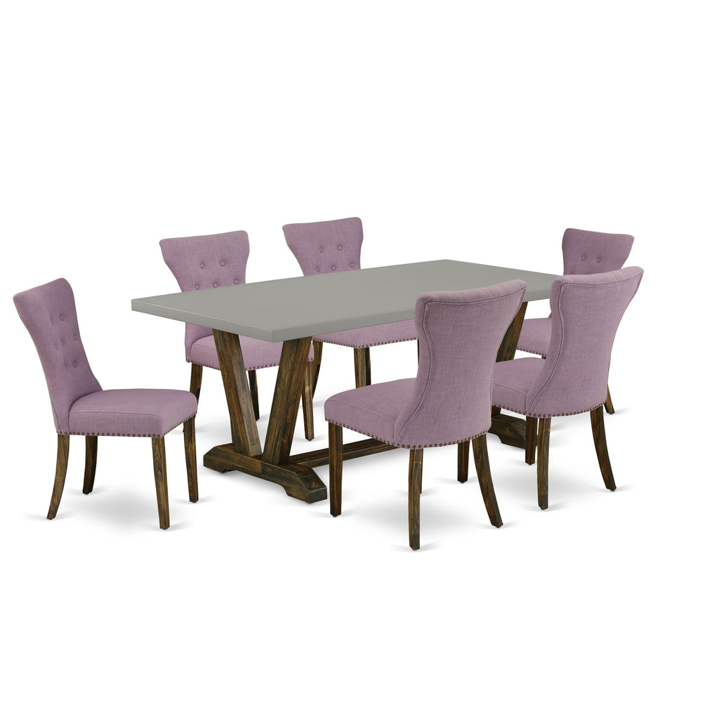 V797GMGVM-T 7-Piece Dining Ensemble with V-Leg Rectangle Table and Six Dahlia Upholstered Chairs in Multi-Color, 40x72 Inch