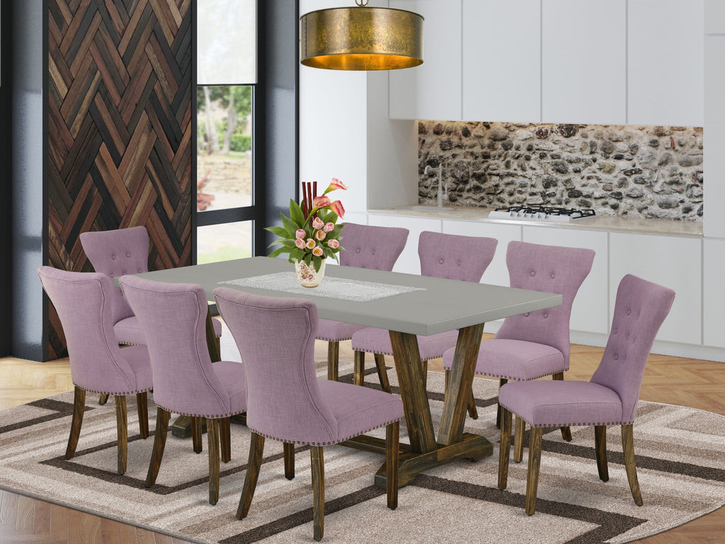 V797 Dining Set Modern 9-Piece Table with V-Legs & 8 Parson Chairs in Multi-hued Upholstery, 40x72