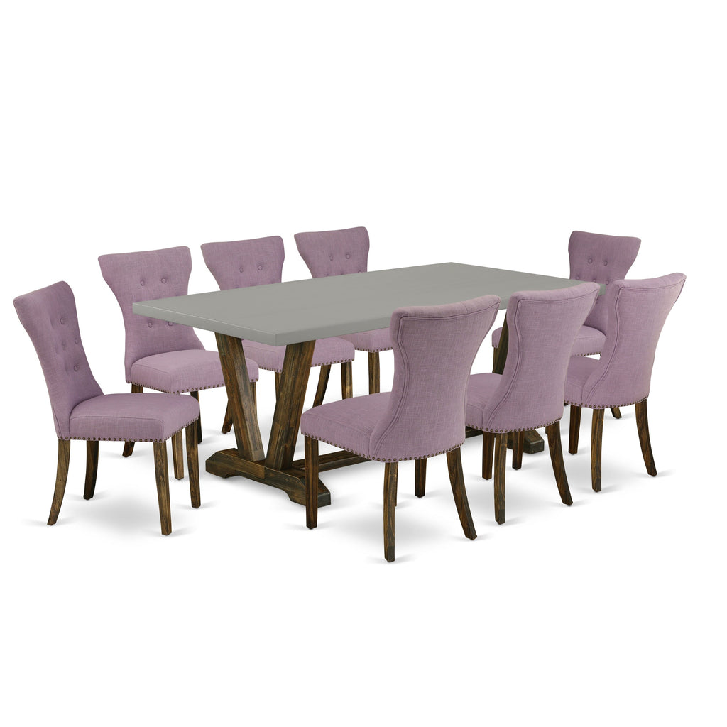V797 Dining Set Modern 9-Piece Table with V-Legs & 8 Parson Chairs in Multi-hued Upholstery, 40x72
