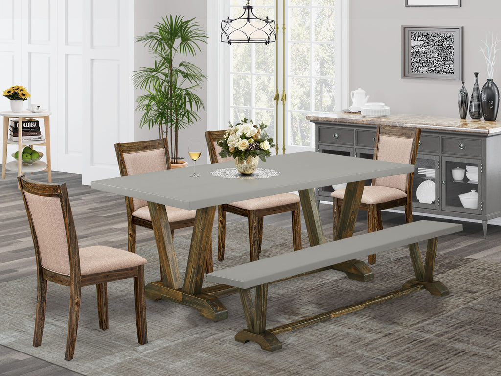 V797MC94V-2 Modern Dining Set with V-Leg Table, Khaki Linen Chairs, Bench, Multi-Color, 6 Pcs