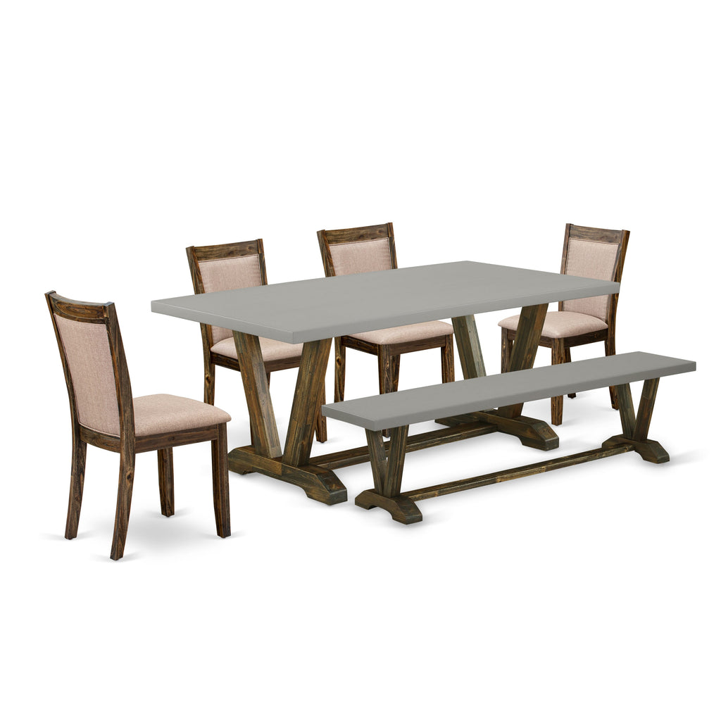 V797MC94V-2 Modern Dining Set with V-Leg Table, Khaki Linen Chairs, Bench, Multi-Color, 6 Pcs