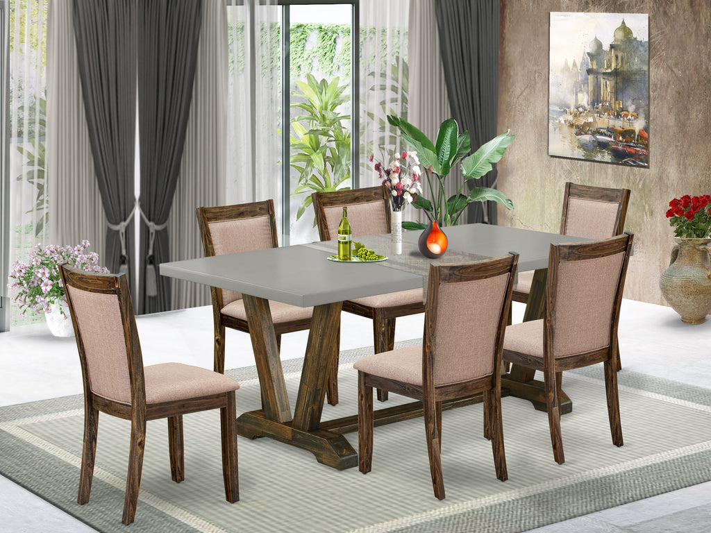 V797MAKN9-7 Elegant 7-Piece Dining Set Rectangular V-Leg Table & 6 Linen Parson Chairs in Dark Khaki, Multi-Color 40x72 Inch