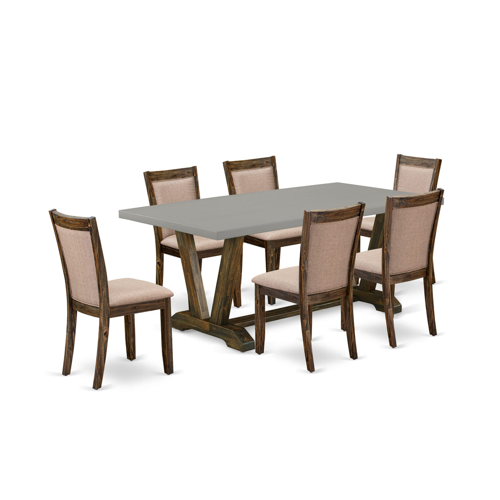 V797MAKN9-7 Elegant 7-Piece Dining Set Rectangular V-Leg Table & 6 Linen Parson Chairs in Dark Khaki, Multi-Color 40x72 Inch