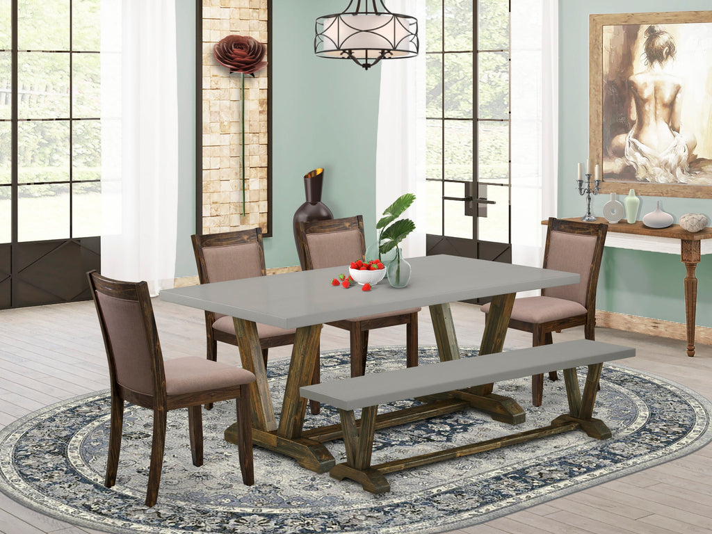 V797MJRET-9 Chic 6-Piece Dining Set with V-Legs, Rectangle Table & Coffee Fabric Seats, Multi-Color, 40x72