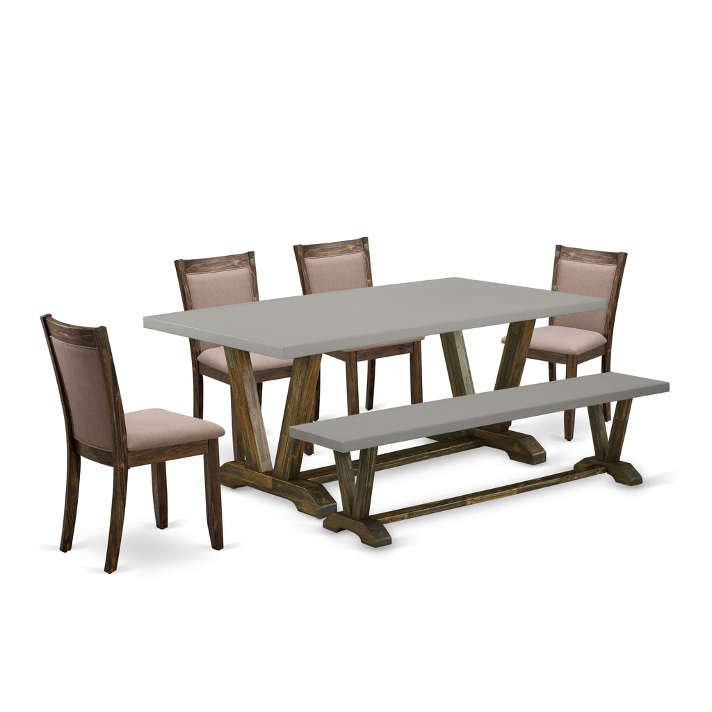V797MJRET-9 Chic 6-Piece Dining Set with V-Legs, Rectangle Table & Coffee Fabric Seats, Multi-Color, 40x72