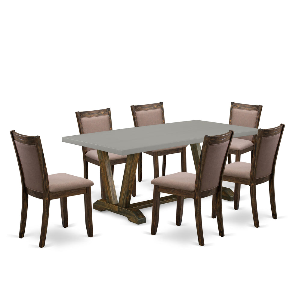 V797MCRCU-T Elegant 7-Piece Multi-Color Dining Set Featuring a Stylish Rectangle Table with V-Legs and 6 Upholstered Coffee Linen Chairs