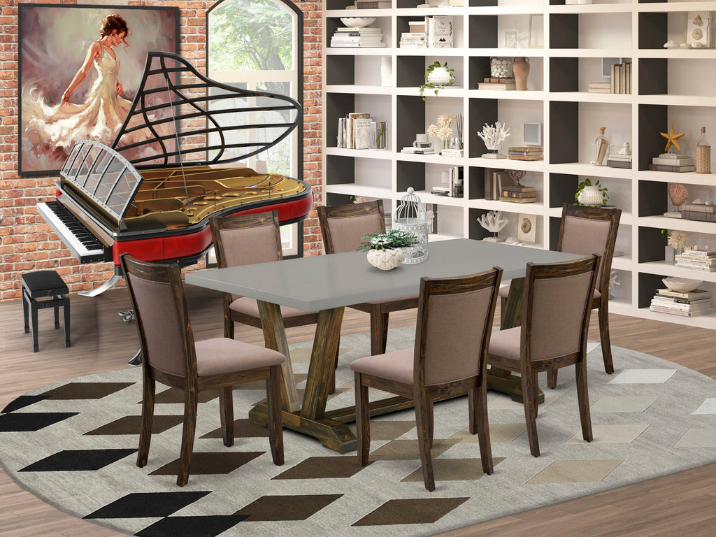 V797MCRCU-T Elegant 7-Piece Multi-Color Dining Set Featuring a Stylish Rectangle Table with V-Legs and 6 Upholstered Coffee Linen Chairs