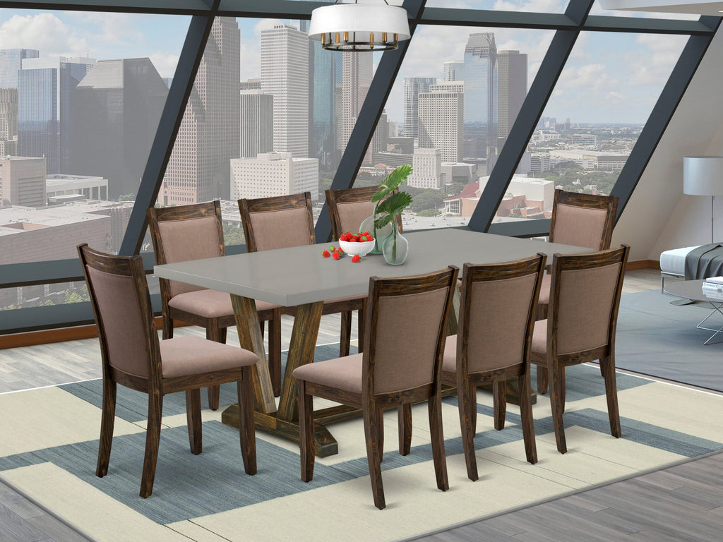 Stylish 9-Piece Dining Set with V797MFJGU-Y V-Leg Table & 8 Coffee Upholstered Chairs