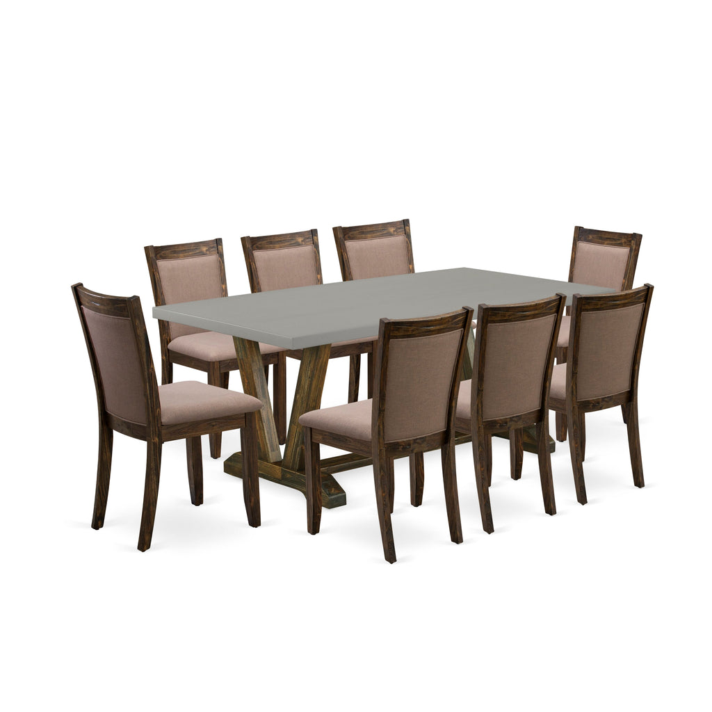 Stylish 9-Piece Dining Set with V797MFJGU-Y V-Leg Table & 8 Coffee Upholstered Chairs