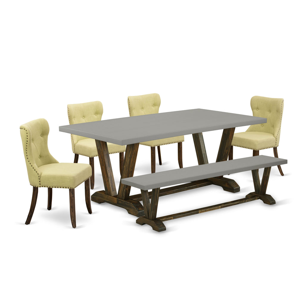 V797SX5AC-3 6-Piece Dining Set Rectangular Table, V-Legs, 4 Chairs & Bench, Multicolor Design, 40x72 in.