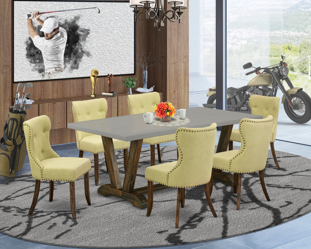V797SJEZX-E 7-Piece Dining Collection Rectangular Table Set with Modern V-Legs and Six Plush Limelight Fabric Parsons Chairs, 40x72 Multi-tone
