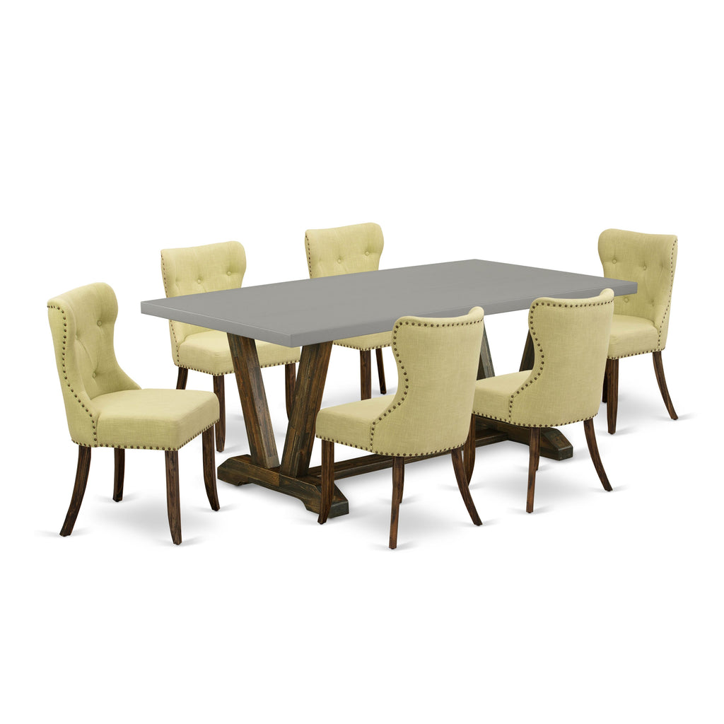 V797SJEZX-E 7-Piece Dining Collection Rectangular Table Set with Modern V-Legs and Six Plush Limelight Fabric Parsons Chairs, 40x72 Multi-tone