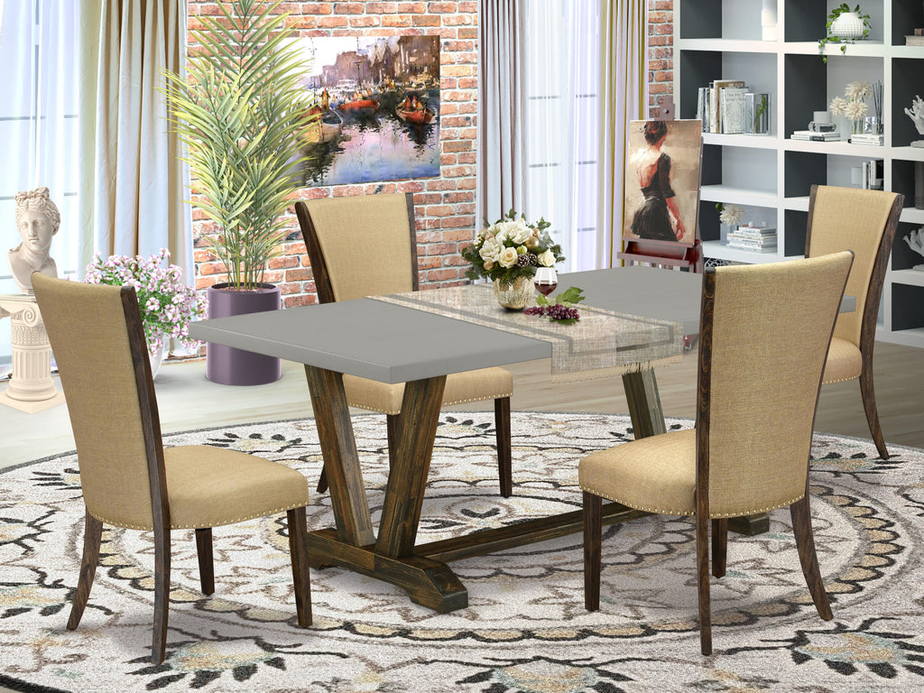 V797V4DX0-B Ensemble 5-Piece Eating Space Set featuring Rectangular Table with V-Style Support and 4 Brown Linen Covered Seating, 40x72 Assorted Shades